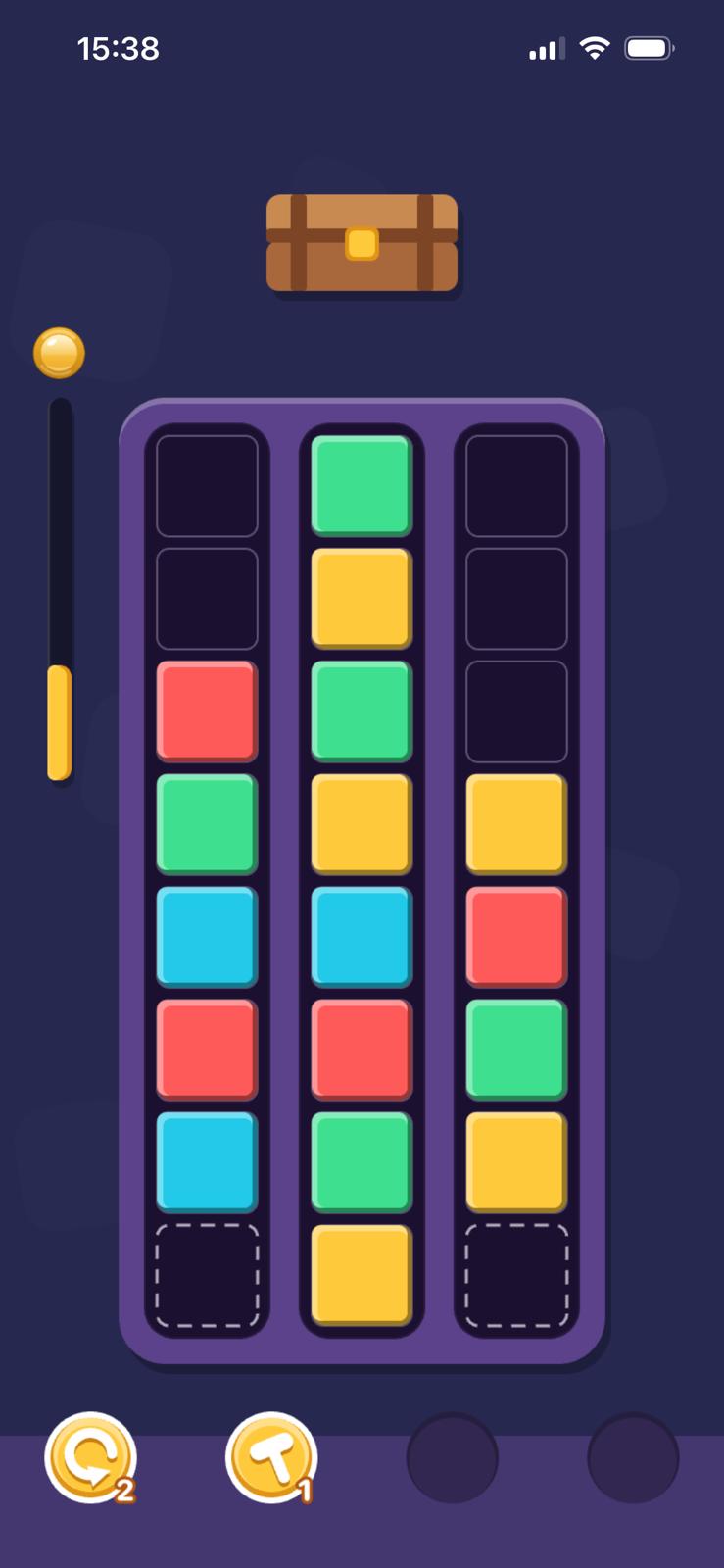 A Square Swipe level: three channels of colored blocks on a purple board.